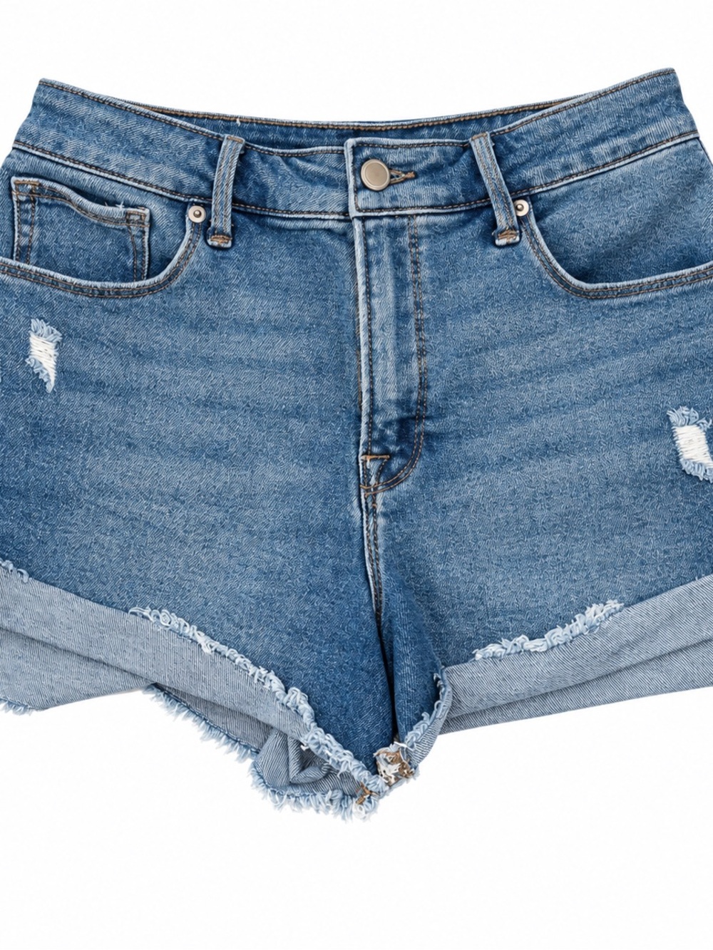 Good American Mid-High Rise Distressed Blue Denim Shorts